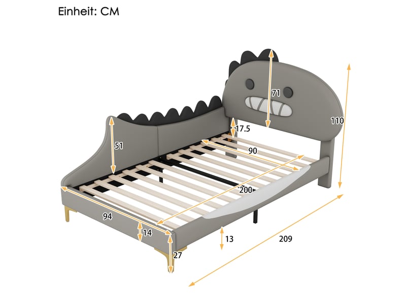  Lit enfant 90 x 200 cm dinosaure en pu et mdf avec sommier à lattes gris  - Conforama C