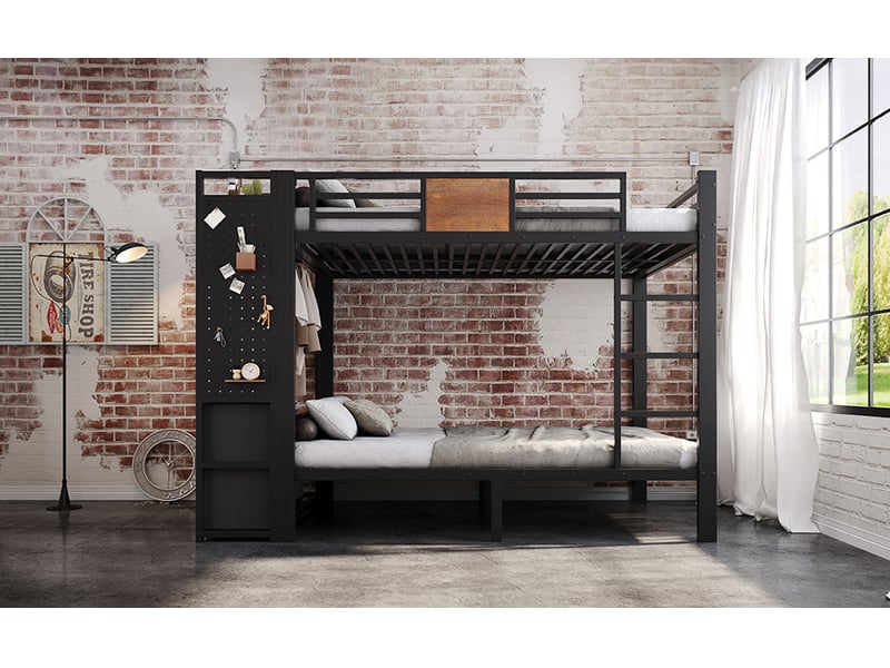 Lit superposé métal noir et bois 2 x 120 x 200 cm, armoire, penderie, panneau perforé, tiroirs tissu et échelle - Conforama B