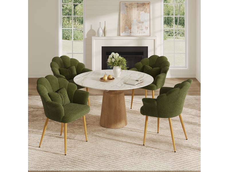 Lot de 4 fauteuils de salle à manger à dossier pétale en tissu teddy vert - Conforama B