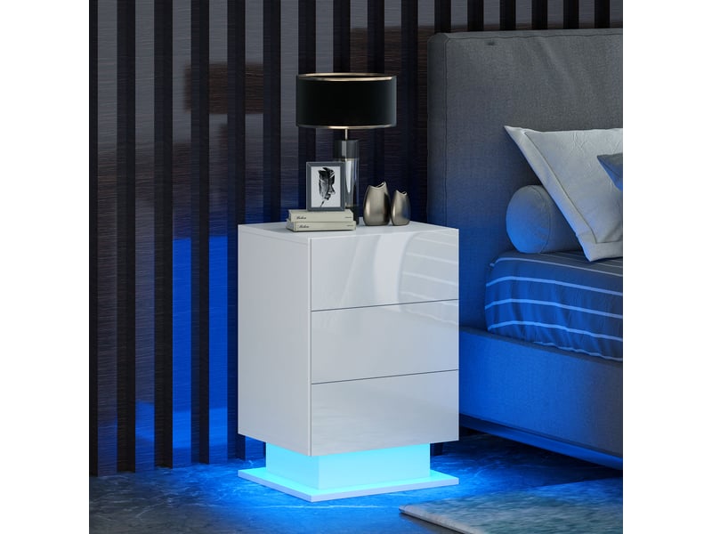  Table de chevet avec éclairage led rgb, 3 tiroirs et télécommande, design moderne, 40 x 35 x 60 cm, blanc brillant  - Conforama C