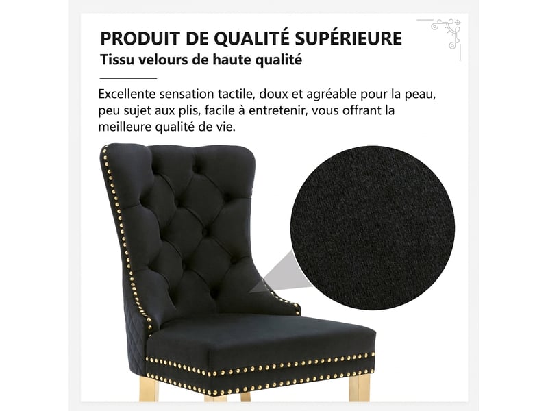  Lot de 2 chaises de salle à manger velours noir avec anneau au dos et pieds en acier inoxydable doré  - Conforama E