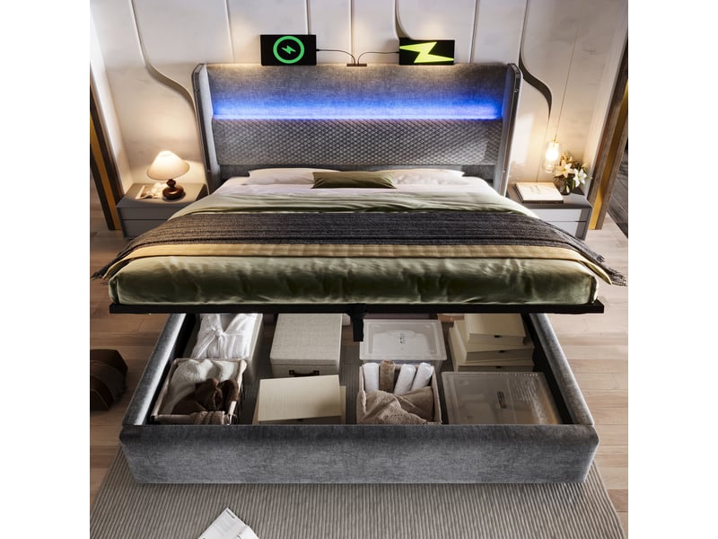  Lit double coffre 180x200 cm gris, tête haute led, usb-c, rangement hydraulique, tissu lin, avec matelas  - Conforama R