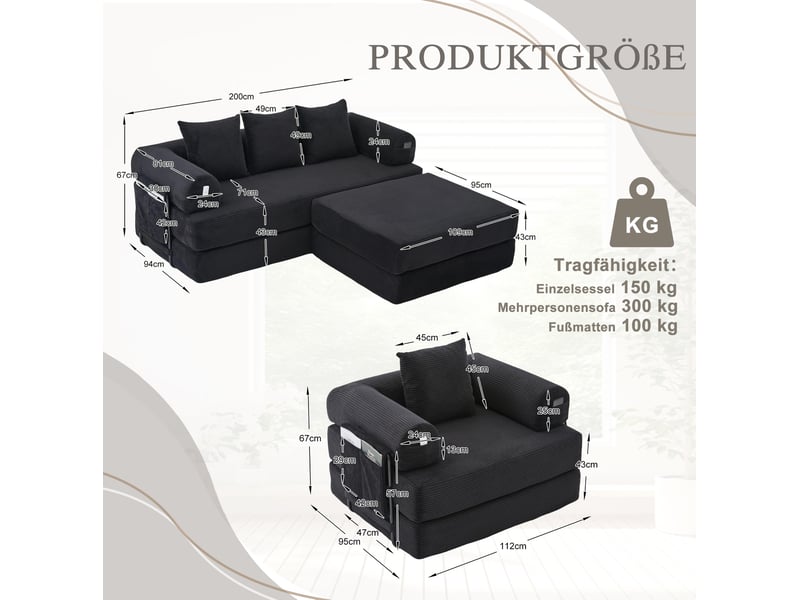  Canapé modulable 4 places en velours côtelé noir avec pouf et poche latérale, confort pour le salon  - Conforama C