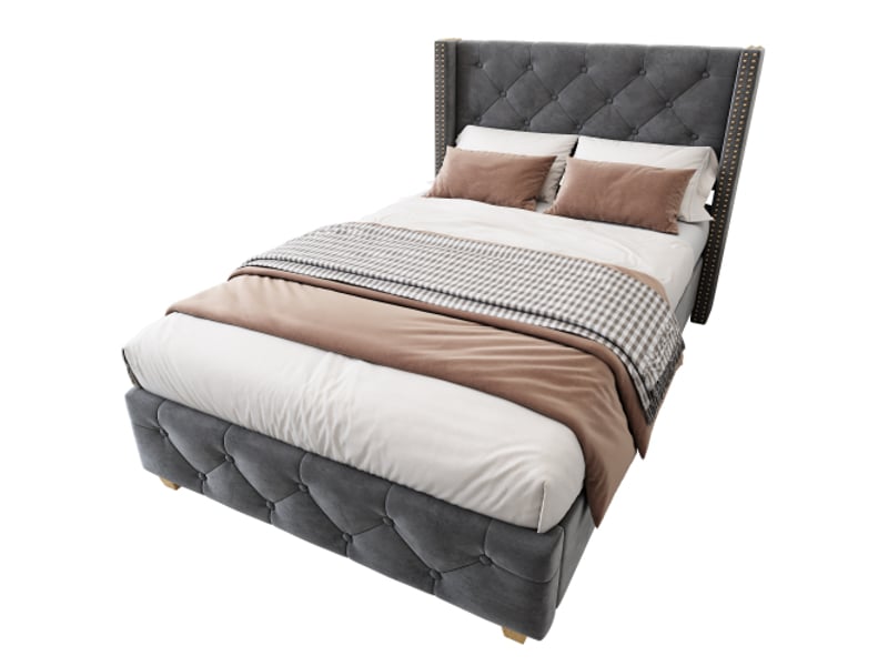  Lit enfant 90x200cm avec sommier à lattes et tête de lit, en velours, sans matelas, gris  - Conforama A