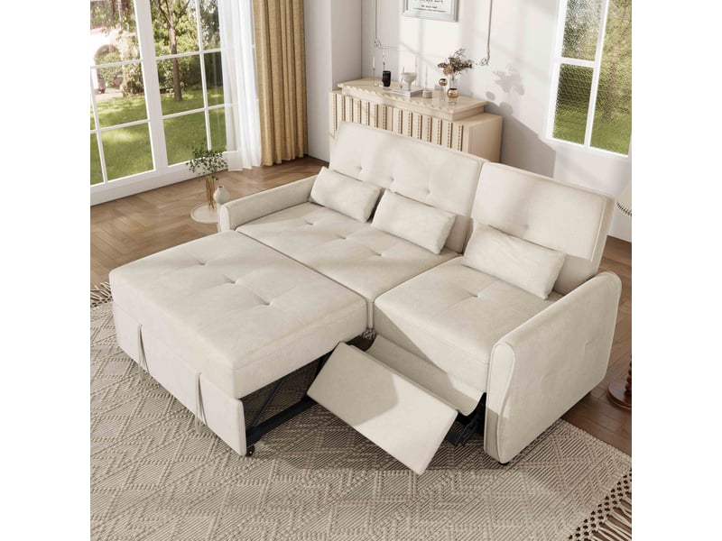  Canapé convertible 3 places 176x148x83 cm, canapé-lit extensible 3 en 1 avec dossier réglable 3 positions, repose-pieds intégré,tissu chenille-beige  - Conforama B