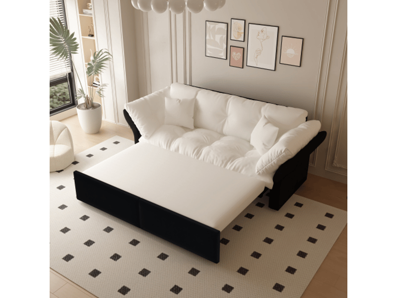 Canapé-lit 190 cm convertible 3-en-1, velours touffeté beige et blanc, 2 coussins - Conforama D