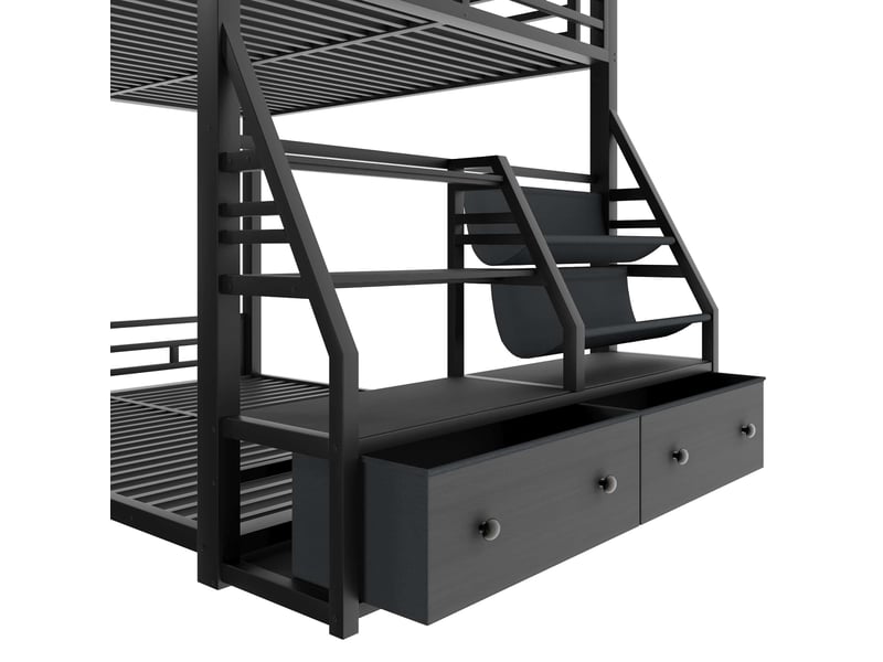  Lit superposé en métal, 140x200cm, avec éclairage led et 2 tiroirs en tissu, lit enfant avec barrières de sécurité, noir  - Conforama E