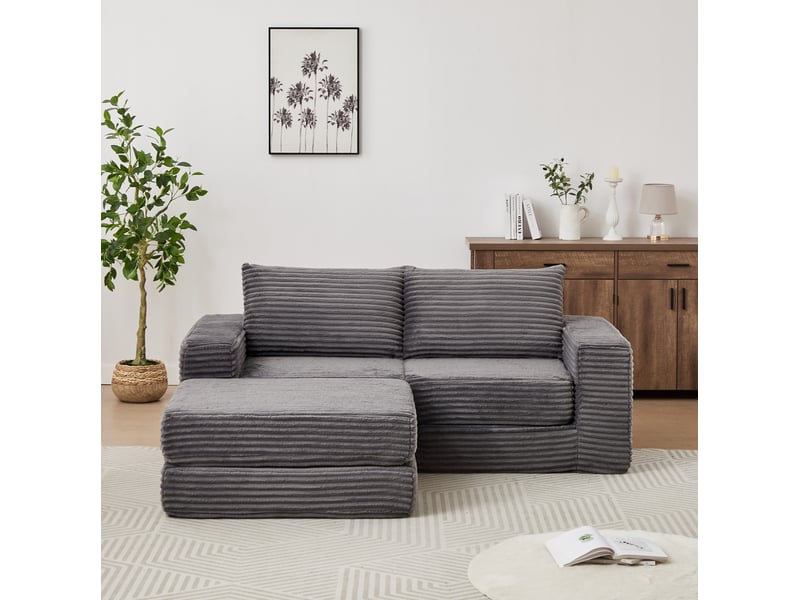  Canapé convertible ulevr 2 places modulable en velours côtelé gris avec repose-pieds amovible, 194 x 169,5 x 74 cm  - Conforama D