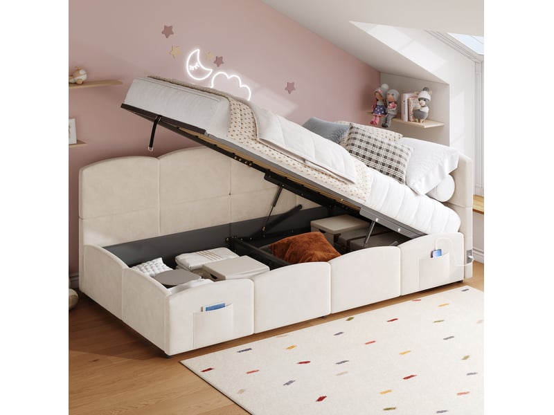  Lit coffre enfant 90x200 cm en velours beige avec usb et poches latérales  - Conforama B