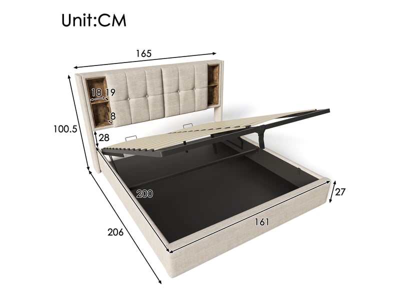  Lit double rembourré 160x200 cm avec recharge sans fil usb-c, couleur naturelle, cadre de lit adulte avec matelas  - Conforama D