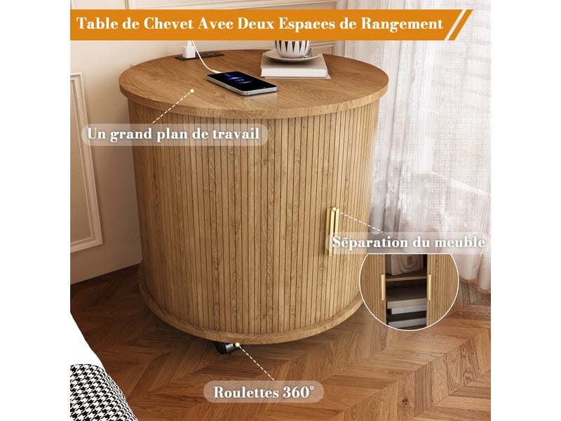  Table de chevet ronde pivotante avec station de charge intégrée, 2 niveaux de rangement et roulettes freinables  - Conforama E