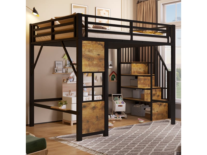 Lit mezzanine enfant 140 × 200 cm 2 places avec escalier de rangement et étagère, sans matelas, noir - Conforama B