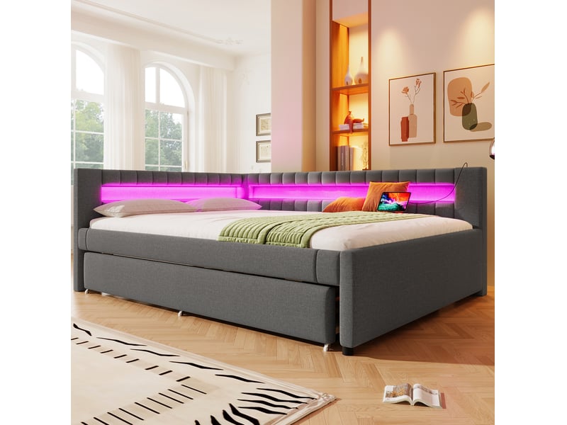  Lit gigogne 140x200 cm en lin mdf gris, éclairage led télécommandé, usb type-c, lit extensible, sans matelas  - Conforama D