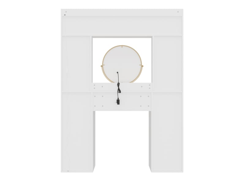 Coiffeuse 120 x 40 x 160 cm blanche, mdf, verre et bambou, miroir rond éclairé, quatre tiroirs et rangements  - Conforama E