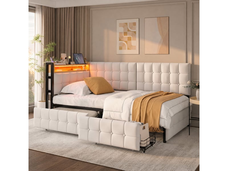  Lit banquette 200×90 cm avec 2 tiroirs, éclairage led à couleurs variables et ports usb et usb-c, en tissu beige  - Conforama B