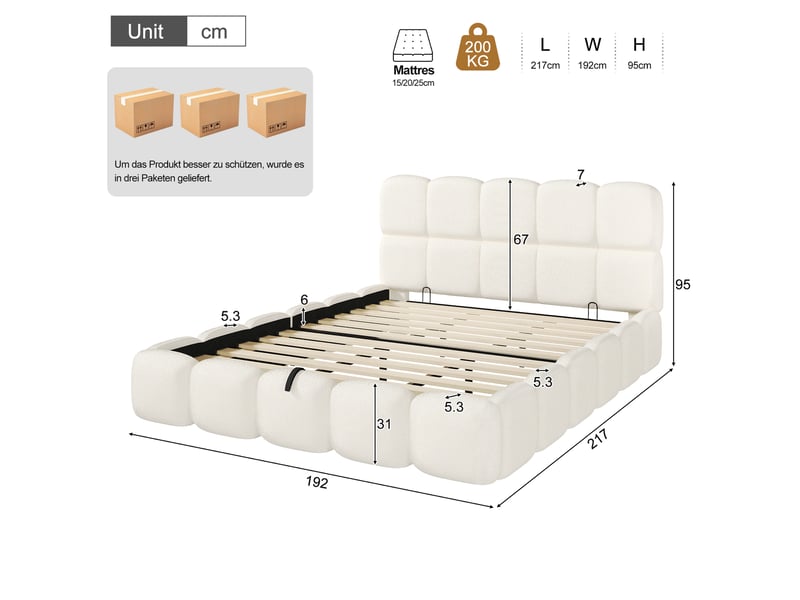  Lit coffre rembourré 180x200 cm, rangement hydraulique, tête de lit capitonnée aux lignes arrondies, sommier à lattes, bouclé blanc Radiant Stride - Conforama C