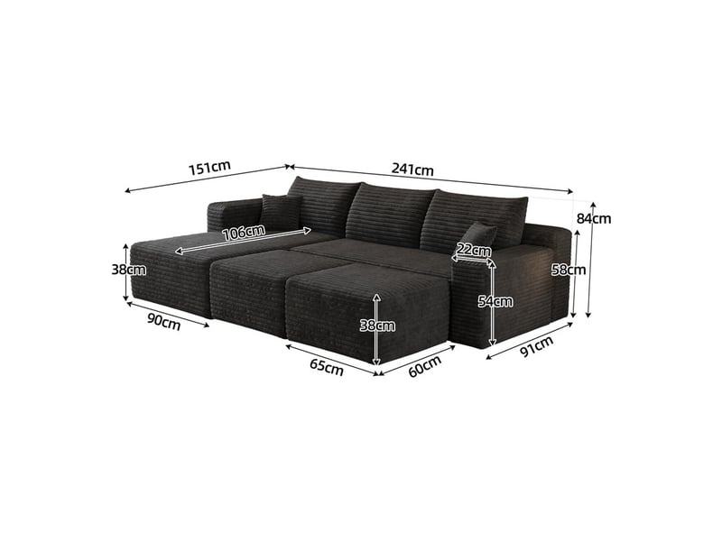  Canapé d'angle  modulaire ,5 places,moderne et minimaliste, assise profonde ,241 × 151 ×58cm,noir  - Conforama C