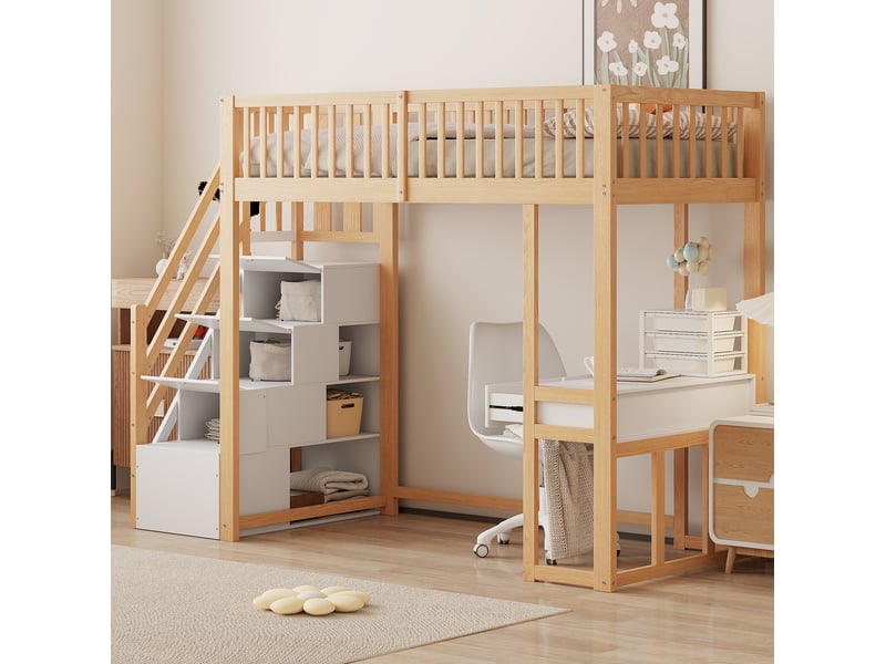  Lit en hauteur, 90x200 cm, avec table multifonction, escalier de rangement, matelas non inclus, bois, coloris blanc  - Conforama B