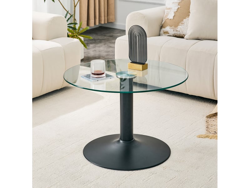  Table basse ronde avec plateau en verre trempé, piètement métallique stable, noire, pour salon, ø 70 cm, hauteur 45 cm  - Conforama C