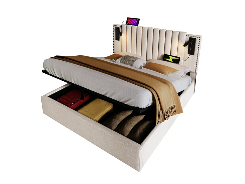  Lit coffre 160x200 avec sommier relevable, liseuses usb-c, tête de lit réglable et matelas, beige  - Conforama A