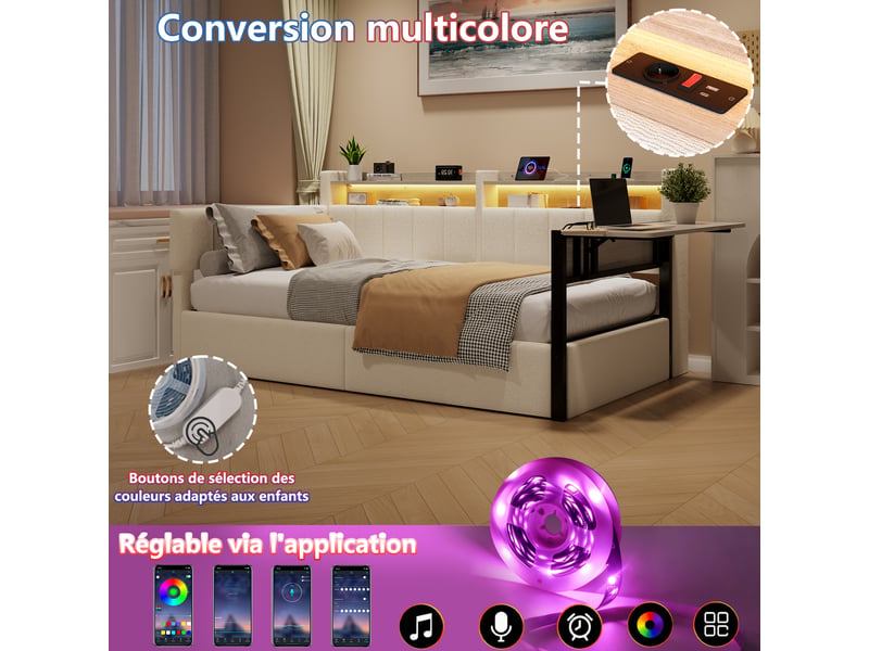 Canapé-lit coffre 90 x 200 cm - avec bande lumineuse led - avec table pliante - tables de chevet interchangeables - port usb - tissu velours - blanc (matelas non inclus) - Conforama W