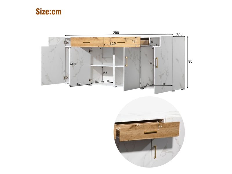  Buffet ulevr de rangement 208 x 39,5 x 80 cm, 4 portes et 2 tiroirs, blanc effet marbré  - Conforama C