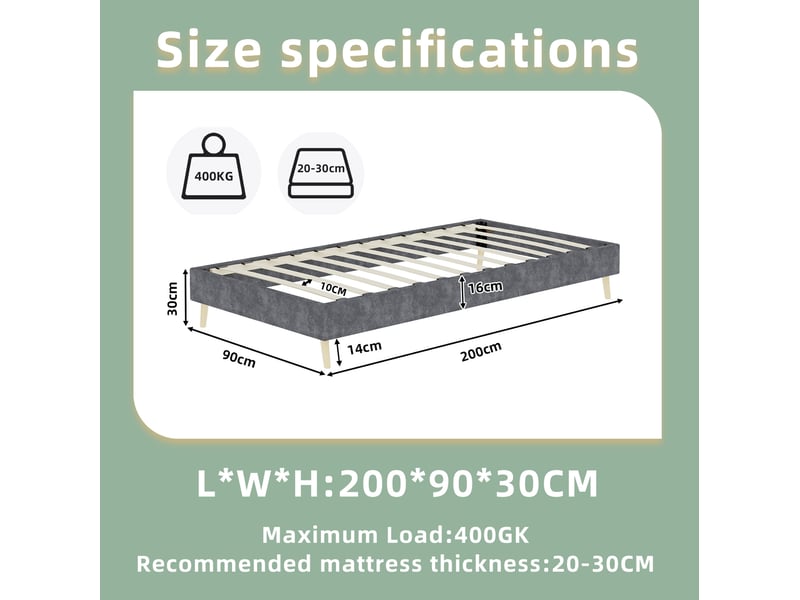  Cadre de lit simple 90x200 cm en velours hollandais gris avec structure métallique  - Conforama C