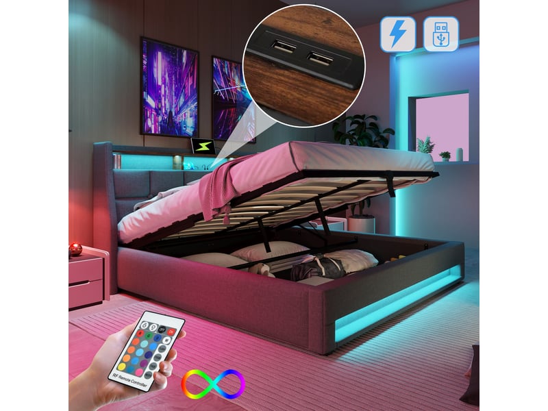  Lit coffre 160x200 avec led, 2 ports usb, sommier relevable, gris  - Conforama D