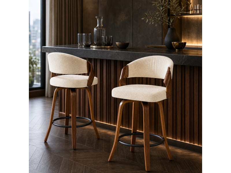  Tabourets de bar lot de 2 avec dossier - lpospi - assise rembourrée, repose-pieds métal, tissu et bois - blanc  - Conforama C
