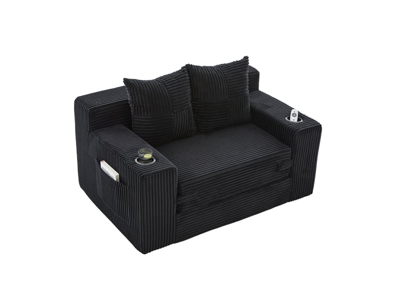  Canapé convertible 2 places modenvie en velours côtelé noir avec deux coussins, support pour gobelet et poches latérales 151 x 133 x 64 cm  - Conforama A