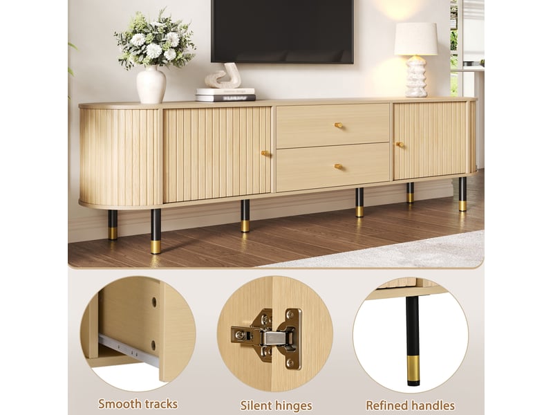  Meuble tv avec 2 portes coulissantes, 2 tiroirs et passe-câbles, finition bois naturel pour salon, 180 × 40 × 58 cm  - Conforama E
