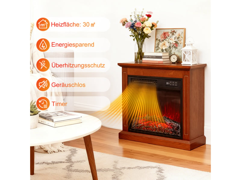 Homavo 18'' cheminée électrique, flamme 3d, télécommande, minuterie, sécutité surchauffe, meuble brun inclus - Conforama C