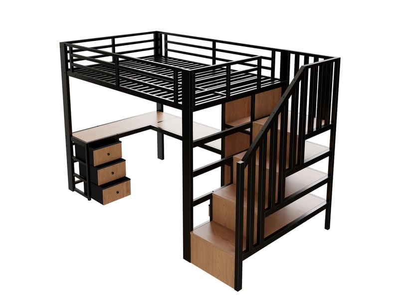  Lit mezzanine 90x200 cm avec bureau led et 4 tiroirs lit enfant gain de place avec étagères en métal et mdf noir BUYDEEMEUS - Conforama E