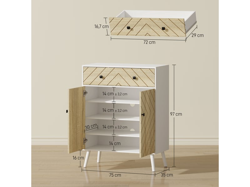  Meuble à chaussures d'entrée avec 2 portes, étagères réglables, tiroir pour 12 paires de chaussures, 75 x 35 x 97 cm, blanc et naturel  - Conforama D