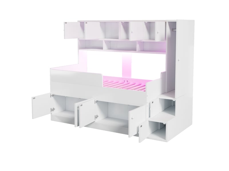  Lit mezzanine enfant 90x200 en bois, armoire et rangement, étagères multiples, éclairage led,blanc  - Conforama E