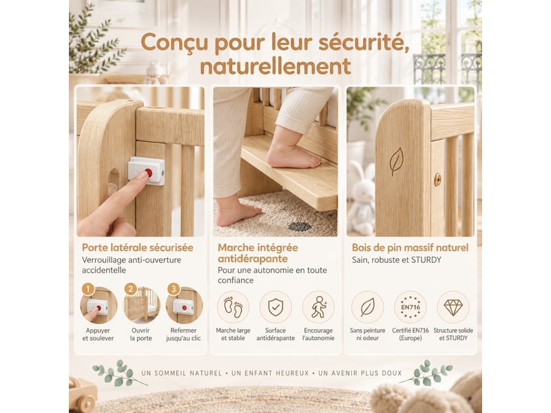  3 en 1 lit bébé évolutif en pin massif, 70x140 cm convertible lit cododo, lit enfant avec porte sécurisée et marche intégrée, certifié en716 - de 0 à 6 ans - charge maximale 50 kg  - Conforama E
