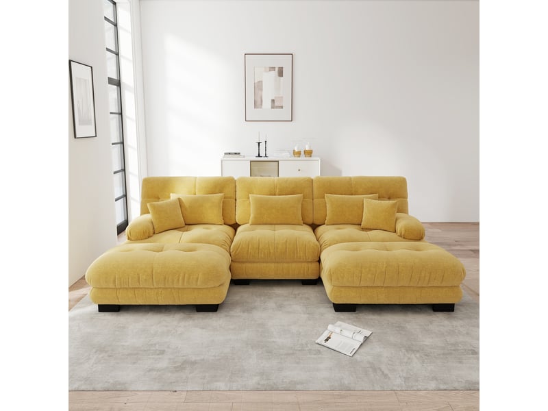 Canapé d'angle modulable convertible avec assise profonde et ottoman, en chenille jaune - Conforama C