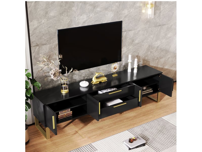  Meuble tv laqué haute brillance 170x40x53.5 cm, au design sculpté avec poignées et pieds dorés, structure mdf, noir  - Conforama D