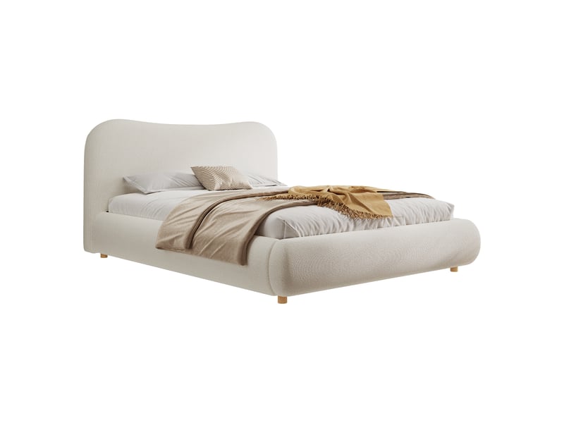  Lit coffre double 180x200cm avec rangement hydraulique, sommier à lattes, tête de lit rembourrée et pieds en bois massif, tissu bouclé, blanc evarich - Conforama A