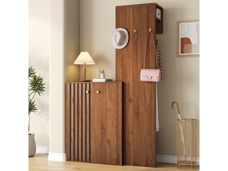  Vestiaire d’entrée avec meuble à chaussures et tringle - lpospi - portes striées en mdf noyer 115 × 38,5 × 191,5 cm  - Conforama B