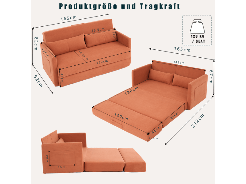  Canapé convertible, canapé-lit, 2 places, en velours tricoté, orange, 2 en 1, 165 x 92 x 82 cm, appartement, pour salon  - Conforama W