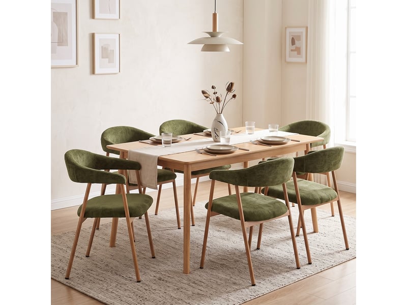  Chaises de salle à manger lot de 6 rembourrée en chenille, pieds en métal effet bois, vert  - Conforama C