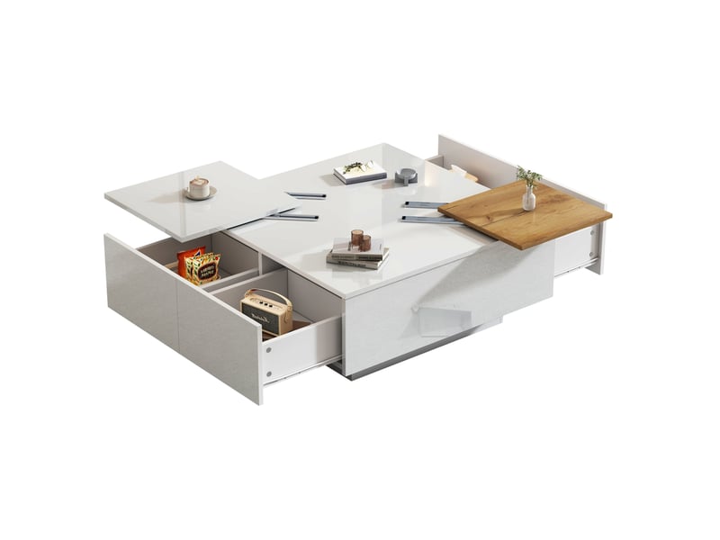  Table basse carrée 75x75x33 cm avec 4 tiroirs spacieux, 2 plateaux coulissants, pour salon, élégante, pb, blanc et bois  - Conforama A