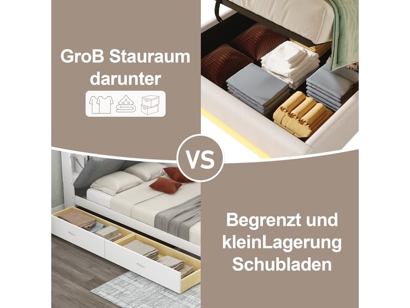  Lit capitonné 90*200cm, beige, sans matelas, led, usb type-c, rangement latéral, relevage hydraulique  - Conforama D