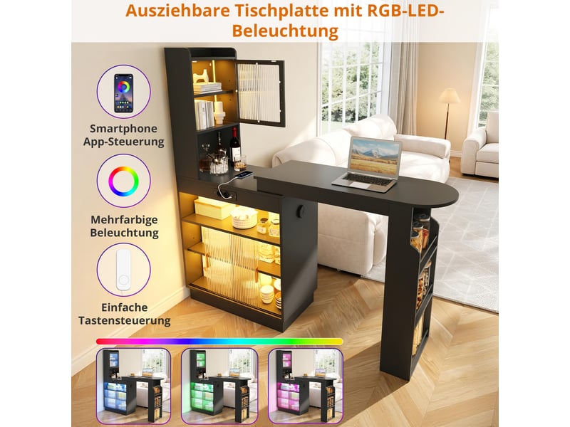 Bar extensible 131-170 cm avec rangement, meuble bar avec led rgb, prises usbtype-c et placards vitrés, table haute cuisine - noir - Conforama D