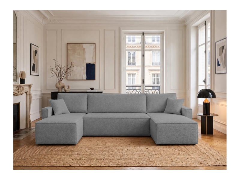 Farah - canapé d'angle panoramique convertible 6 places accoudoirs slim en tissu bouclettes généreuses - Conforama B