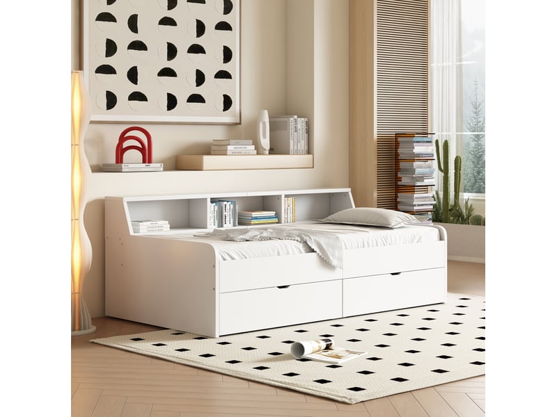  Lit banquette 90 x 200 cm avec sommier, 2 tiroirs et rangements, blanc  - Conforama E