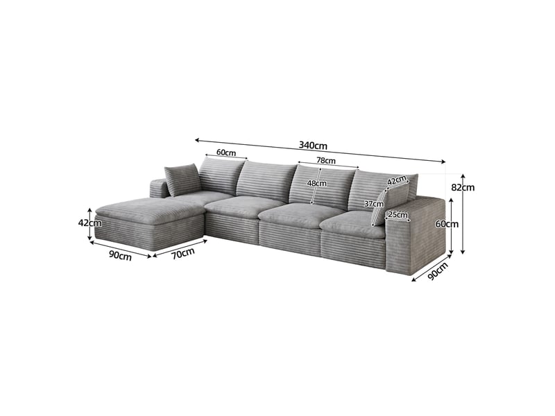  Canapé modulaire tcqpz 5 places 340 x 160 x 82 cm avec chaise longue velours côtelé gris foncé coussins amovibles sans montage  - Conforama C
