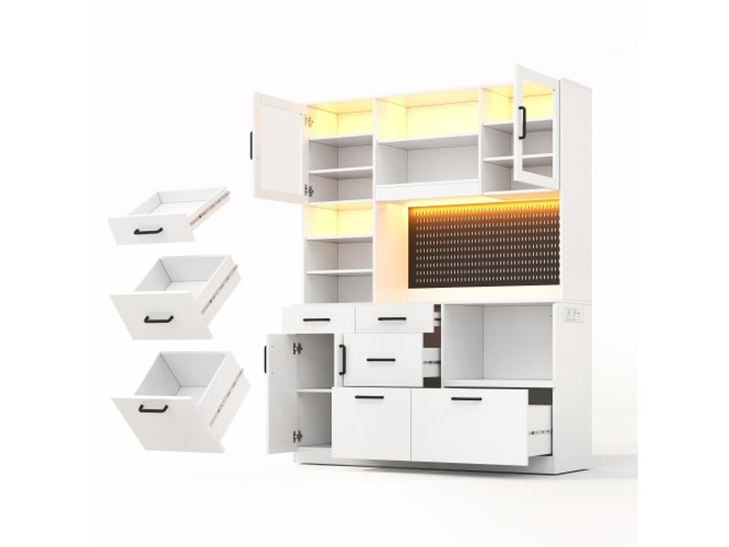  Buffet de cuisine blanc 185x145x40 cm – prise et led, 5 tiroirs, étagères réglables, panneau perforé  - Conforama D