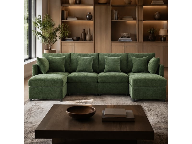  Canapé modulable vert en chenille avec 2 poufs et 6 coussins, 4 à 6 places  - Conforama B